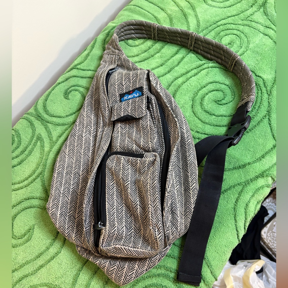 KAVU Rope Sling bag in a herringbone pattern. , black and tan